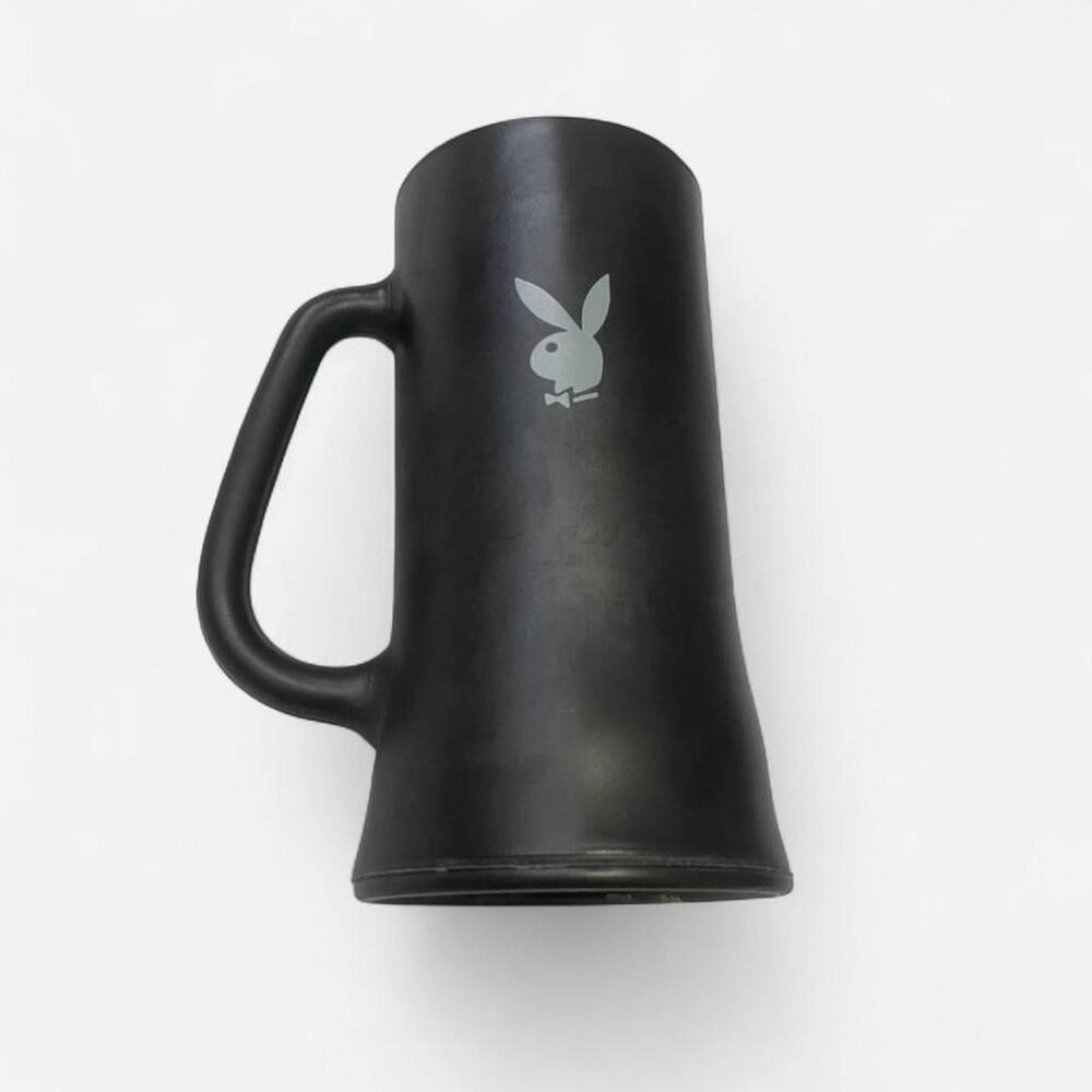 Vintage 1970s Playboy Club Beer Stein Matte Black Glass Bunny Logo Mug 6.5"